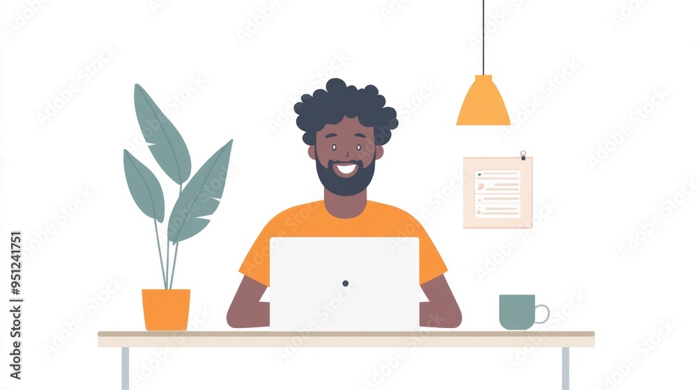Character Sitting at Desk with Coffee and Browsing Online Store on Laptop Character Sitting at Desk with Coffee and Browsing Online Store on Laptop