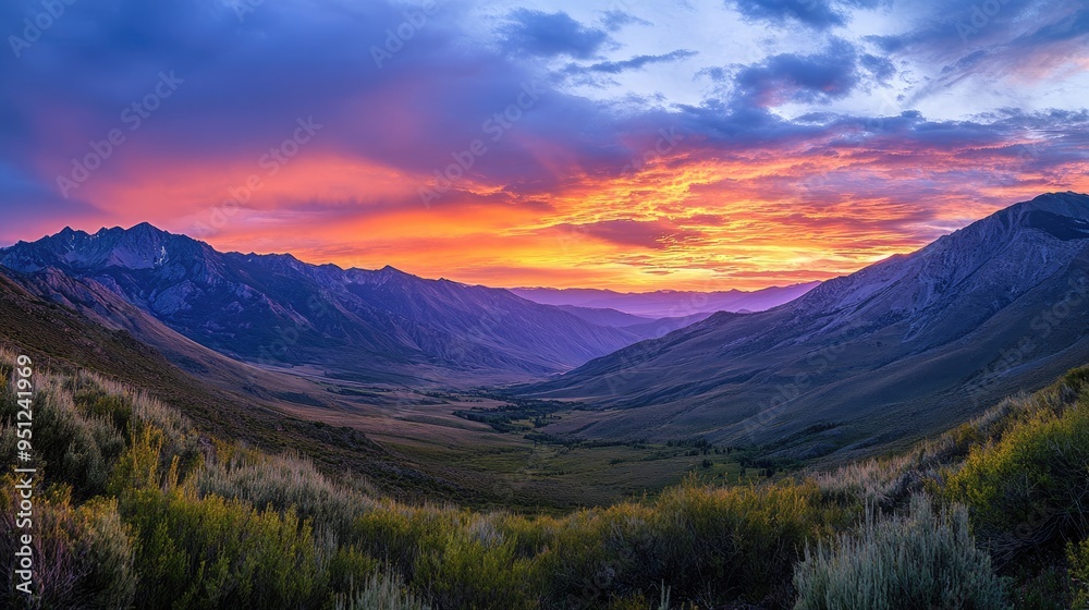 A panoramic view of mountains at sunset, with the sky filled with vibrant colors and the valleys below in shadow. A panoramic view of mountains at sunset, with the sky filled with vibrant colors and the valleys below in shadow.