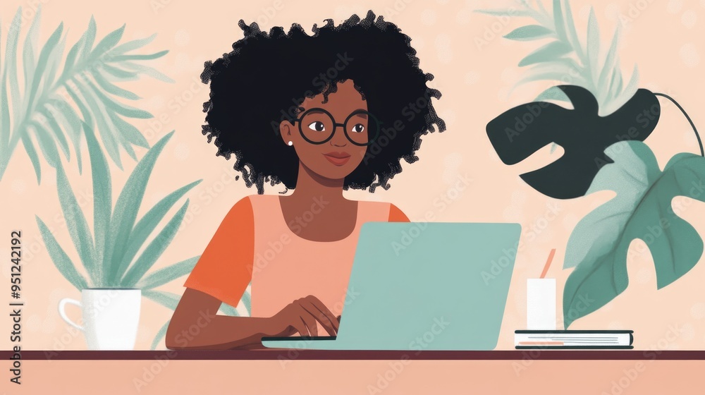 Character Sitting at Desk with Coffee and Browsing Online Store on Laptop Character Sitting at Desk with Coffee and Browsing Online Store on Laptop