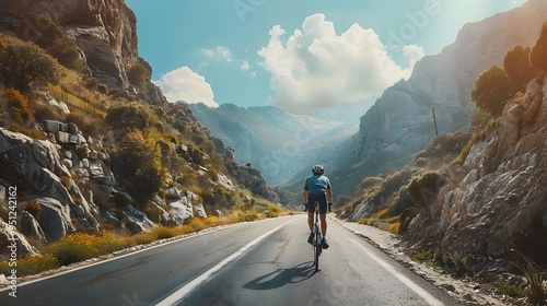 Cyclist Navigating Winding Mountain Road with Expansive Sky