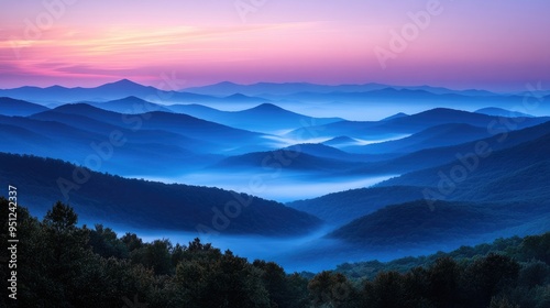 A panoramic view of the Blue Ridge Mountains at sunrise, with layers of mist covered peaks and valleys, offering a breathtaking landscape with ample copy space.