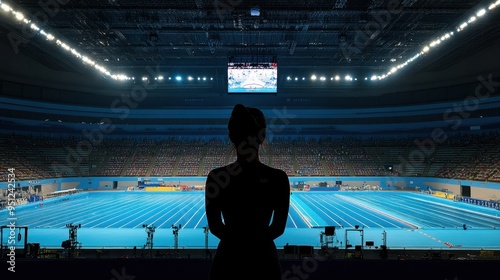 Swimmer in an Olympic Swimming Pool: Silhouette of an Athlete in a Vast Arena photo