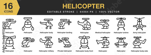 Helicopter icon set. Editable Stroke Icon Collection. Includes  helicopter icons and More. Outline icons vector collection.