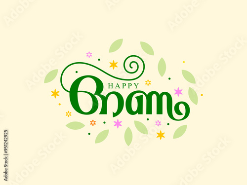 English and Malayalam Happy Onam Typography. Flowers and leaves. South Indian, Kerala Festival greeting.