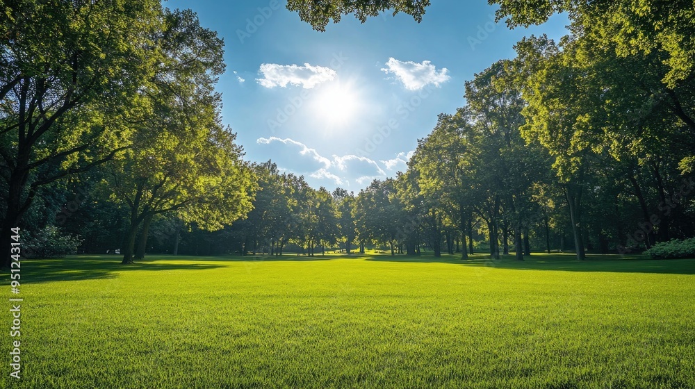 Obraz premium A park with a large, open field of green grass, bordered by tall trees and under a bright, cloudless sky.