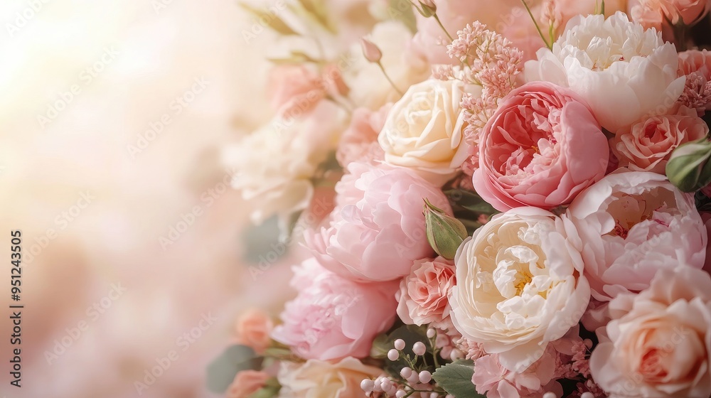 A pastel colored bouquet with peonies and roses, set against a soft background with space for text. A pastel colored bouquet with peonies and roses, set against a soft background with space for text.
