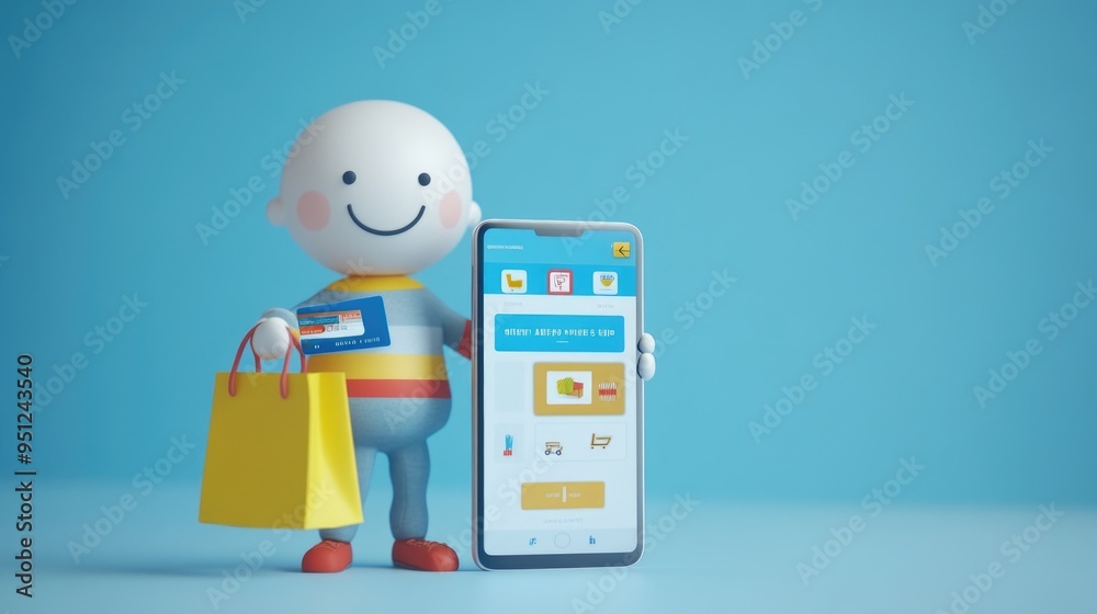 Obraz premium Smiling Character with Credit Card and Shopping Bag for Online Shopping Concept