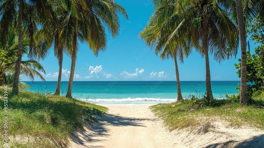Obraz premium A path lined with palm trees leading to a pristine beach, with the ocean and sky creating a perfect backdrop.