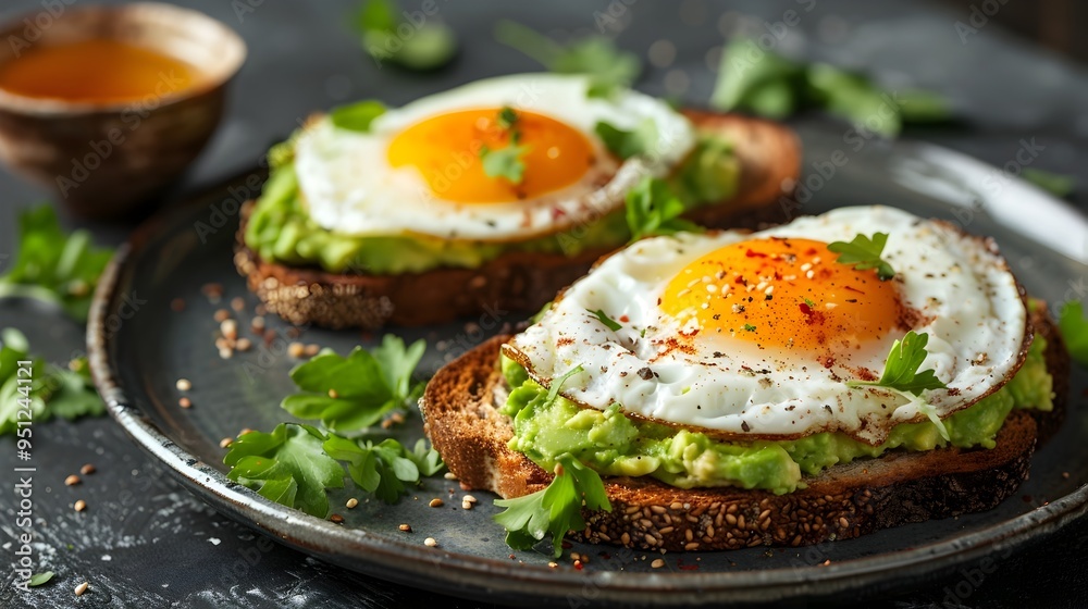Wholesome Avocado Toast with Perfectly Cooked Eggs on Rustic Plate Wholesome Avocado Toast with Perfectly Cooked Eggs on Rustic Plate