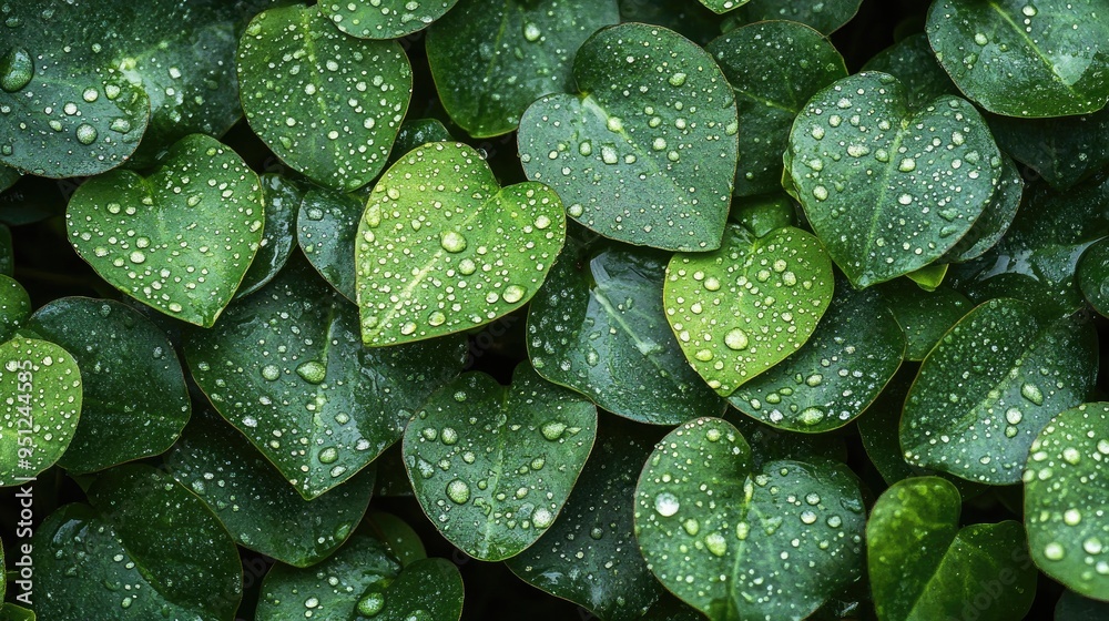 Obraz premium A pattern of dew covered leaves, with tiny water droplets glistening on the surface in the early morning light.