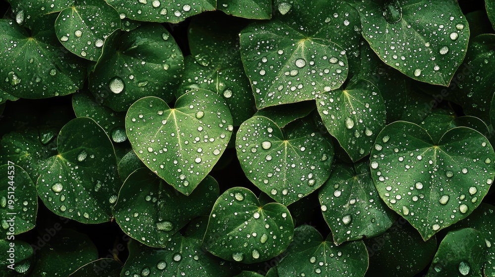 A pattern of dew covered leaves, with tiny water droplets glistening on the surface in the early morning light. A pattern of dew covered leaves, with tiny water droplets glistening on the surface in the early morning light.