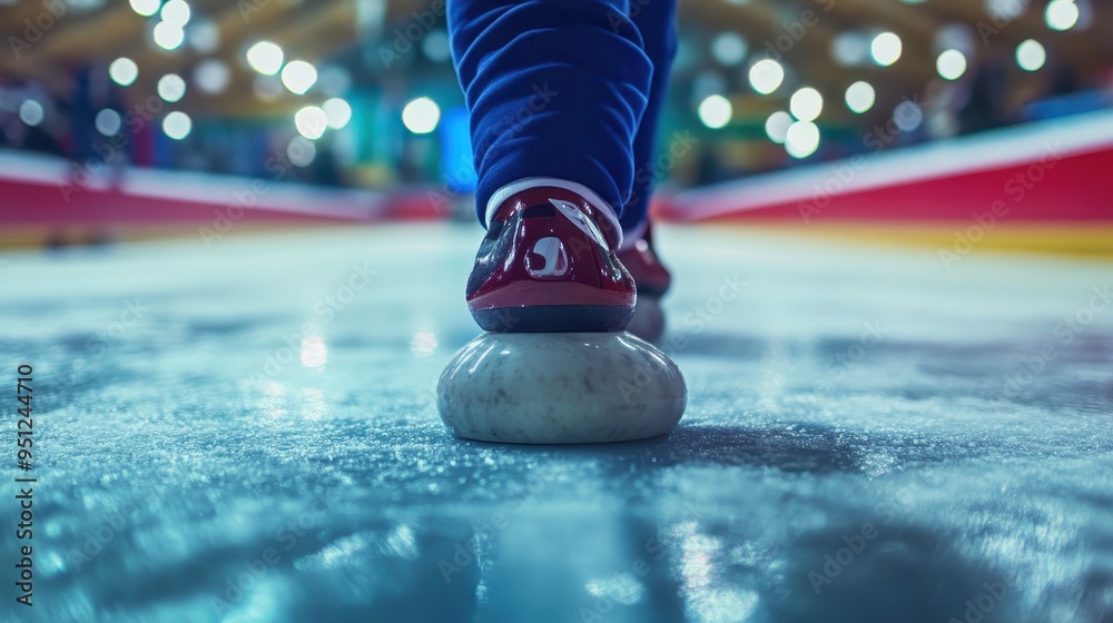 Fototapeta premium Athlete's Feet on the Ice Rink with Colorful Lights