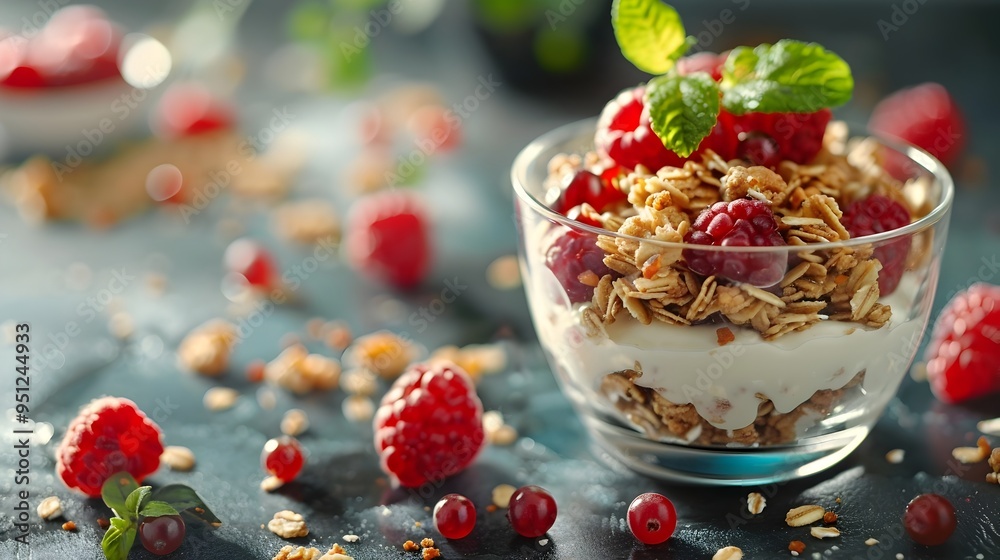 Granola and Yogurt with Fruits in a Bowl on Rustic Background Granola and Yogurt with Fruits in a Bowl on Rustic Background