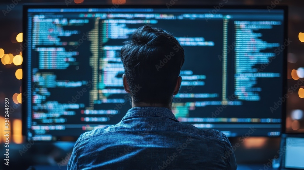 Programmer Coding in Front of Multiple Screens at Night