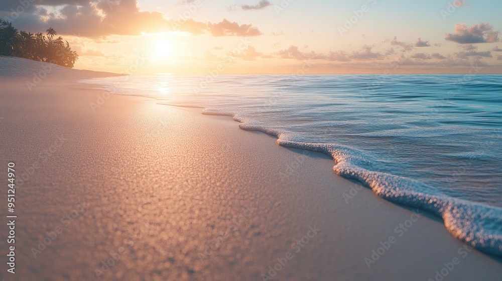 A peaceful beach scene with smooth sand and the sun setting in the distance, casting long shadows. A peaceful beach scene with smooth sand and the sun setting in the distance, casting long shadows.