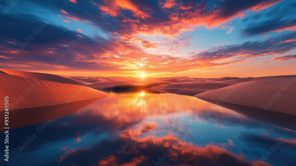 A peaceful desert sunset with a small oasis reflecting the colorful sky, surrounded by the vast, golden sand dunes. A peaceful desert sunset with a small oasis reflecting the colorful sky, surrounded by the vast, golden sand dunes.