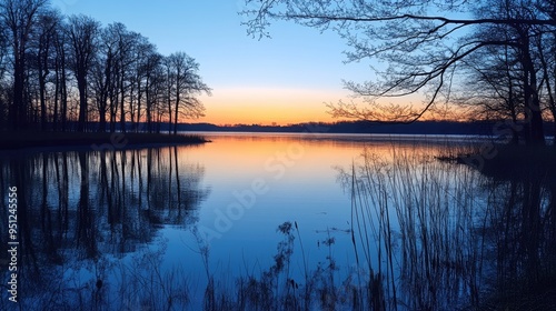 A peaceful evening by a lake, with the water reflecting the soft light of the setting sun and the silhouettes of trees.