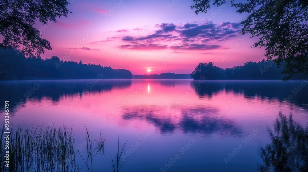 A peaceful lake at dusk, with the sky painted in shades of purple and pink and the water smooth as glass. A peaceful lake at dusk, with the sky painted in shades of purple and pink and the water smooth as glass.