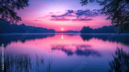 A peaceful lake at dusk, with the sky painted in shades of purple and pink and the water smooth as glass.