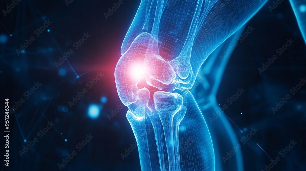 A detailed digital representation of a knee joint, highlighting its anatomy with glowing effects for medical illustration. A detailed digital representation of a knee joint, highlighting its anatomy with glowing effects for medical illustration.