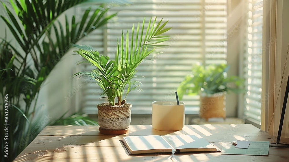 Neat Workspace with Plants and Notebook on Wooden Table in Sunny Room Neat Workspace with Plants and Notebook on Wooden Table in Sunny Room
