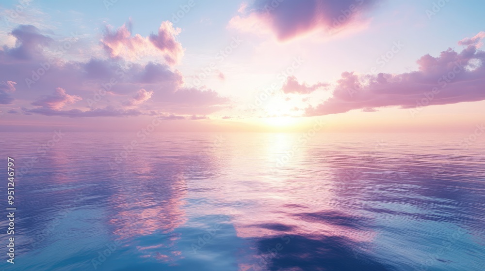 A peaceful ocean scene at dawn, with calm waters reflecting the soft colors of the sky and a distant horizon. A peaceful ocean scene at dawn, with calm waters reflecting the soft colors of the sky and a distant horizon.