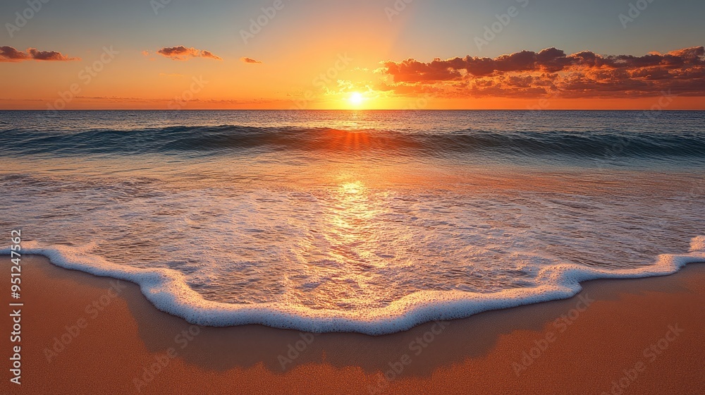 Fototapeta premium A peaceful sunrise on a sandy beach, with the sun rising over the horizon and the waves gently lapping at the shore.