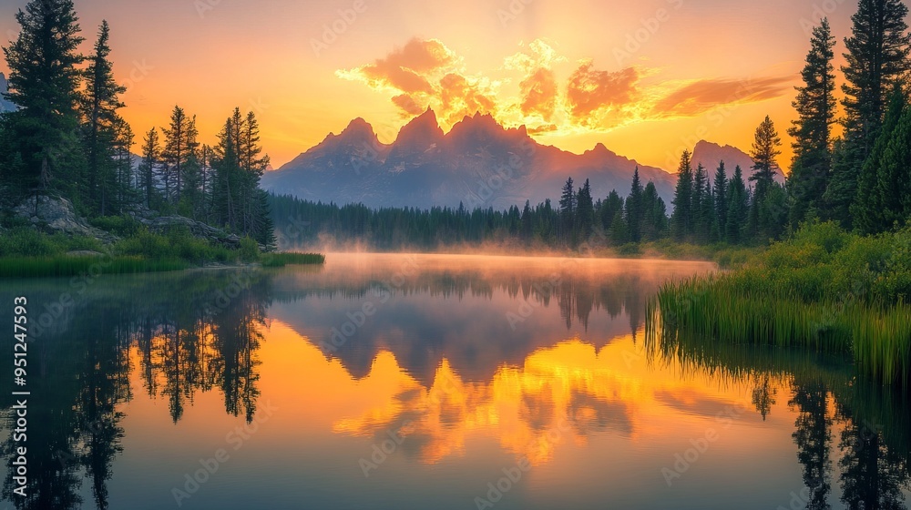 Fototapeta premium Serene Mountain Lake Sunrise with Stunning Peak Reflections