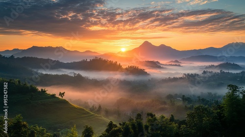 Serene Sunrise: Fog-Clad Mountains Bathed in Golden Light