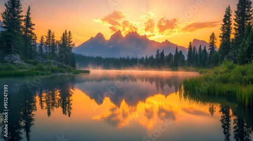 Serene Mountain Lake Sunrise with Stunning Peak Reflections