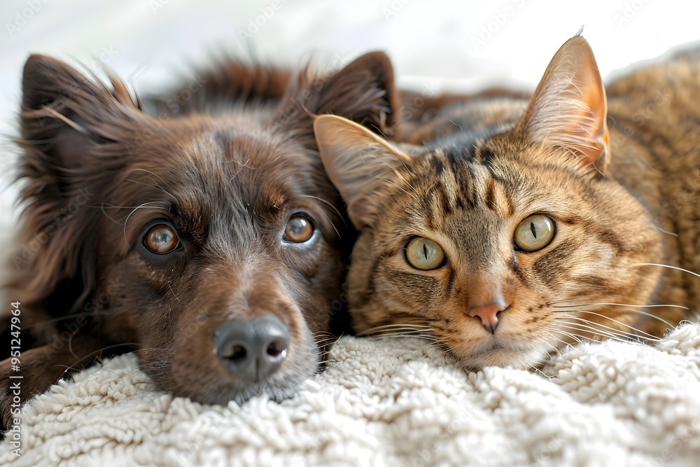 Cheerful Dog and Cat Friends Posing Together on White Background Cheerful Dog and Cat Friends Posing Together on White Background