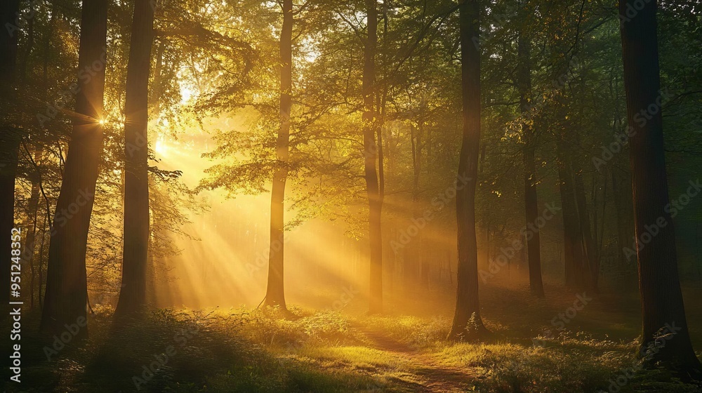Naklejka premium Serene Sunrise: Fog Lifting from a Tranquil Forest