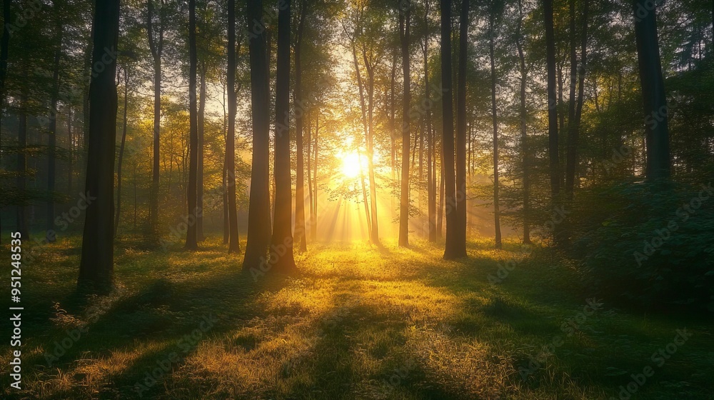 Obraz premium Serene Forest Sunrise: Fog Lifting Amidst Golden Light
