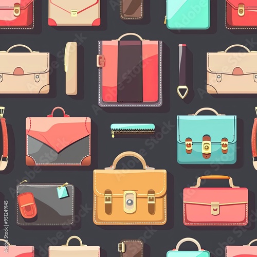 A Seamless Pattern of Colorful Briefcases and Small Bags