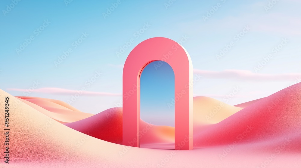 A surreal pink archway stands gracefully amidst gentle sand dunes under a vibrant blue sky at dawn. A surreal pink archway stands gracefully amidst gentle sand dunes under a vibrant blue sky at dawn.