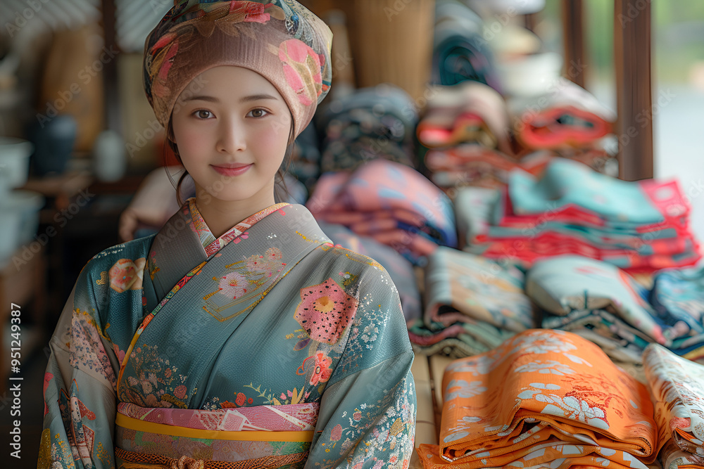 Naklejka premium a portrait of a young woman wearing a traditional Japanese kimono