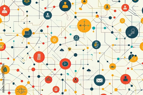 Abstract Network of Interconnected Circles with Icons