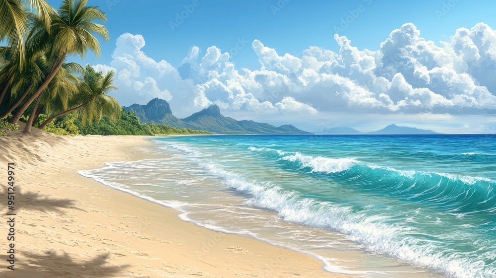 A picturesque beach backdrop with palm trees and gentle waves lapping against the shore. Plenty of space for text. A picturesque beach backdrop with palm trees and gentle waves lapping against the shore. Plenty of space for text.