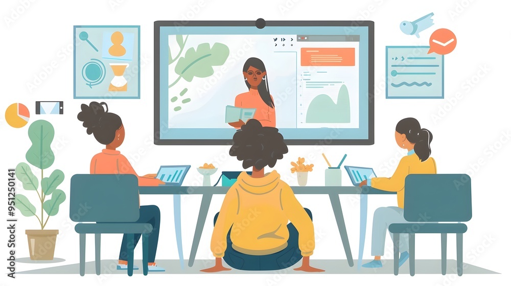 Teacher engaging with students on a video call,space at the top for text Teacher engaging with students on a video call,space at the top for text