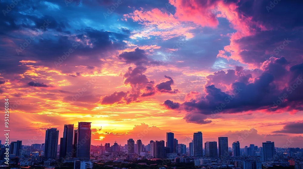 Fototapeta premium Vibrant Sunset Paints the City Skyline with Dramatic Clouds | Stunning Photography