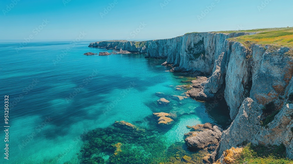 A picturesque coastline with dramatic cliffs and crystal clear blue waters, capturing the stunning beauty of nature with ample copy space. A picturesque coastline with dramatic cliffs and crystal clear blue waters, capturing the stunning beauty of nature with ample copy space.