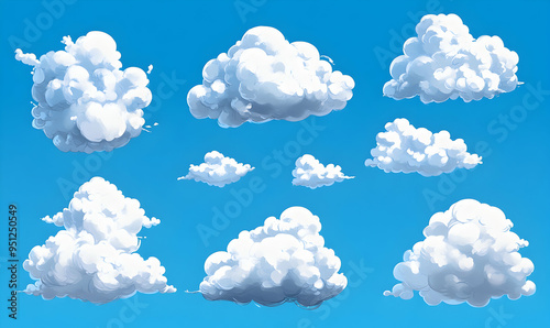 Collection of fluffy white clouds against a bright blue sky.