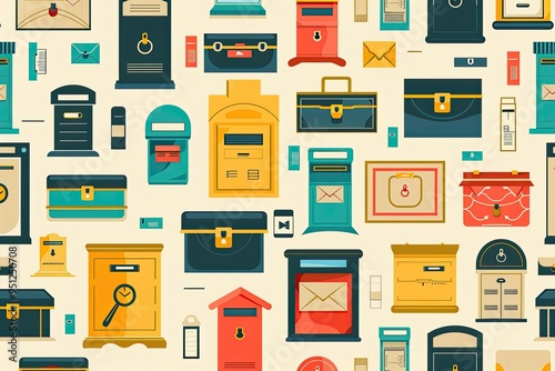 Colorful Pattern of Mailboxes, Envelopes, and Briefcases