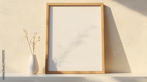 Minimalist Wooden Frame Leaning on Beige Wall with Natural Lighting