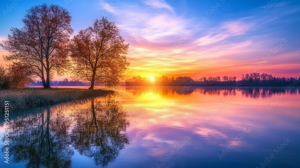 Fototapeta premium Serene Sunset Reflections: Vibrant Colors Paint a Calm Lake