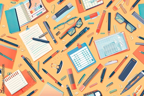 Colorful Stationery Supplies Scattered on a Yellow Background