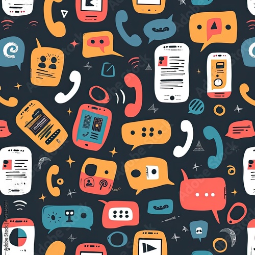 Seamless Pattern of Colorful Hand-Drawn Mobile Phone Icons and Chat Bubbles