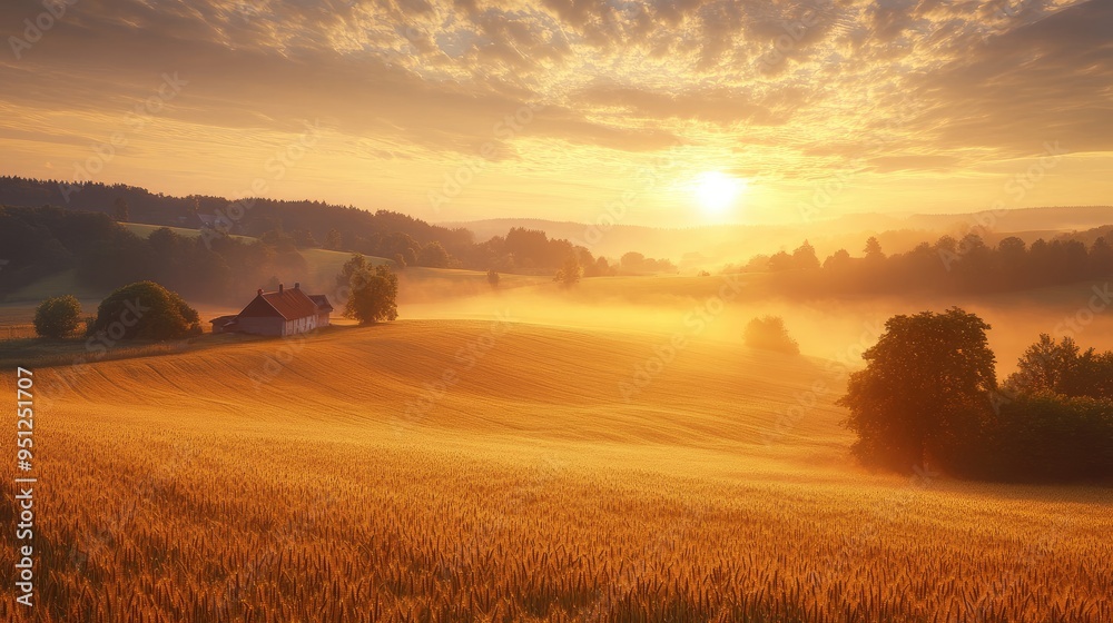 A picturesque sunrise over a rolling countryside, with golden light illuminating the fields and a soft mist rising from the ground. A picturesque sunrise over a rolling countryside, with golden light illuminating the fields and a soft mist rising from the ground.