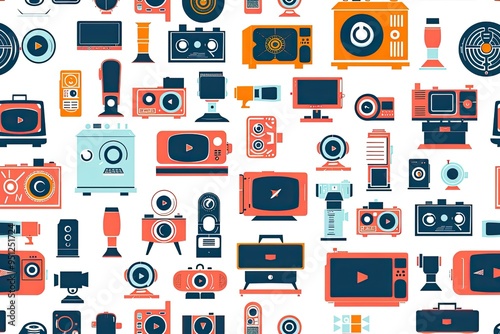 A Seamless Pattern of Retro Televisions, Cameras, and Audio Equipment
