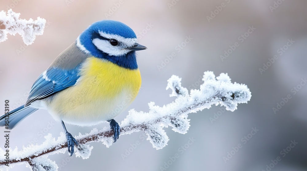 Obraz premium A vibrant blue tit, cyanistes caeruleus, rests on a frost-covered branch against a soft, blurred winter background, showcasing its striking blue and yellow plumage.